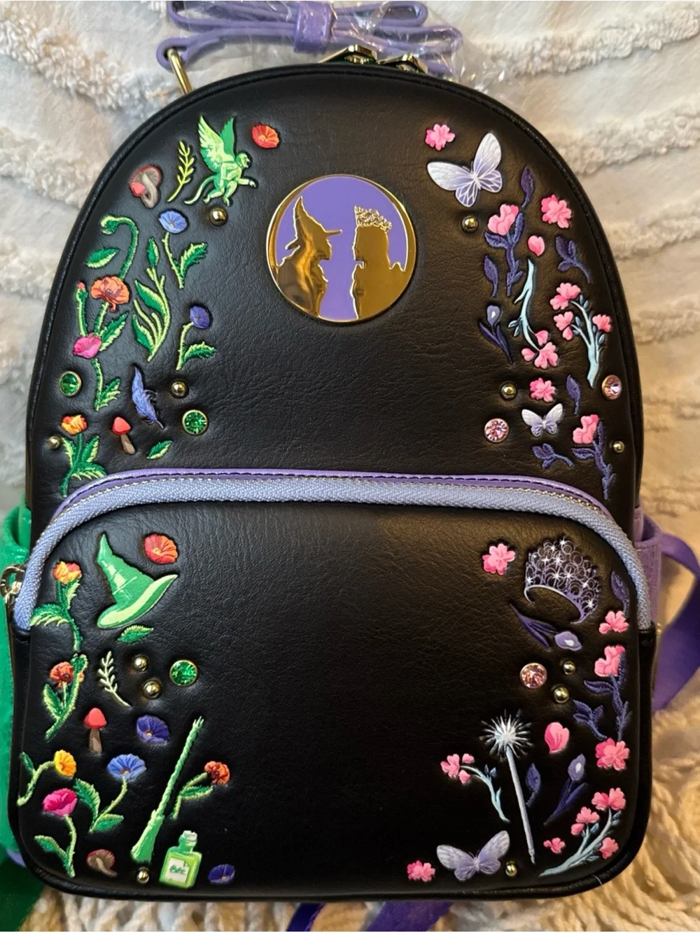 Loungefly Wicked Floral Embroidered Mini Backpack Black Purple Green Gold Zip